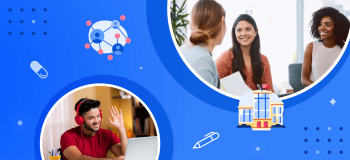 A blend of illustrations of a building and neurons and photos of students.