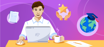 An illustration of an international student working at his desk on a laptop, developing his resume.