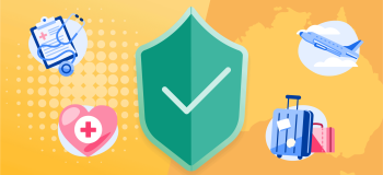 An illustration of an airplane, travel baggage, a stethoscope, heart with a medical cross in the middles, and a green guard with check in the middle.