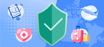 An illustration of an airplane, travel baggage, a stethoscope, heart with a medical cross in the middles, and a green guard with check in the middle.