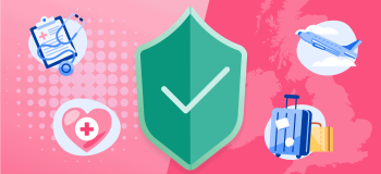 An illustration of an airplane, travel baggage, a stethoscope, heart with a medical cross in the middles, and a green guard with check in the middle.