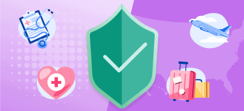 An illustration of an airplane, travel baggage, a stethoscope, heart with a medical cross in the middles, and a green guard with check in the middle.