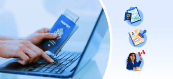 A blend of a photo of a laptop with various graphic illustrations surrounding it.