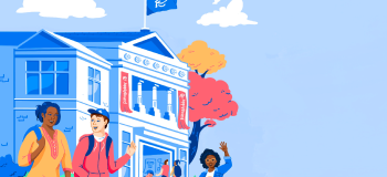 An illustration of students walking around on campus.