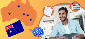 A graphic of the Australian flag and map and a photo of a man.