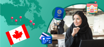 A graphic of the Canadian flag and map and a photo of a woman.