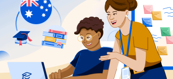 An illustration of two students at a desk with Australia's flag, grad hat, and books graphic behind them.