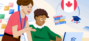 An illustration of two students at a desk with Canada's flag, grad hat, and books graphic behind them, as they search online for jobs for students in Canada.