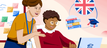 An illustration of two students at a desk with Britain's flag, grad hat, and books graphic behind them.