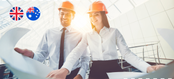 Photograph of two architects with Union Jack and Australian flags