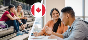 Photos of students sitting on bleachers and studying in a well-lit room