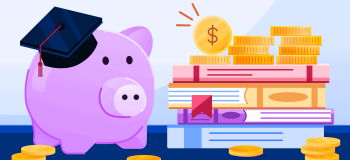 An illustration of a purple pig with a grad hat on standing beside a pile of books with coins sitting on top, representing scholarships available to students.