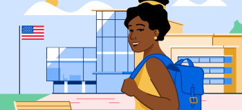 An illustration of a student standing in front of a US school.