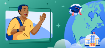 An illustration of a student, globe, graduation hat, and academic institution.