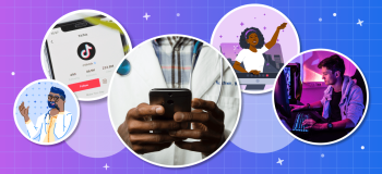 A mixture of photos of someone on their cell phone, someone of their computer, a photo of someone's TikTok app on their phone and graphic illustration of a women popping out of her computer screen and a doctor on the phone.