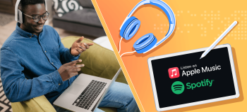 In one corner there's a photograph of a student on his laptop with the Apple Music and Spotify logos and graphic of a headphone in other corner.