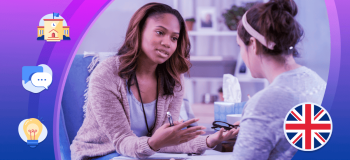 An illustration of a institution staff member speaking to a student, with spot illustrations of the United Kingdom flag, chat bubbles, schools, and awards alongside them.
