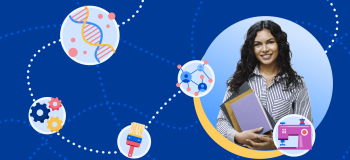 A photo of a woman with illustrations embedded around her.